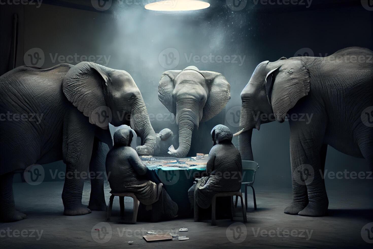 illustration of African elephants playing poker in a smoky room, the elephant poker game photo