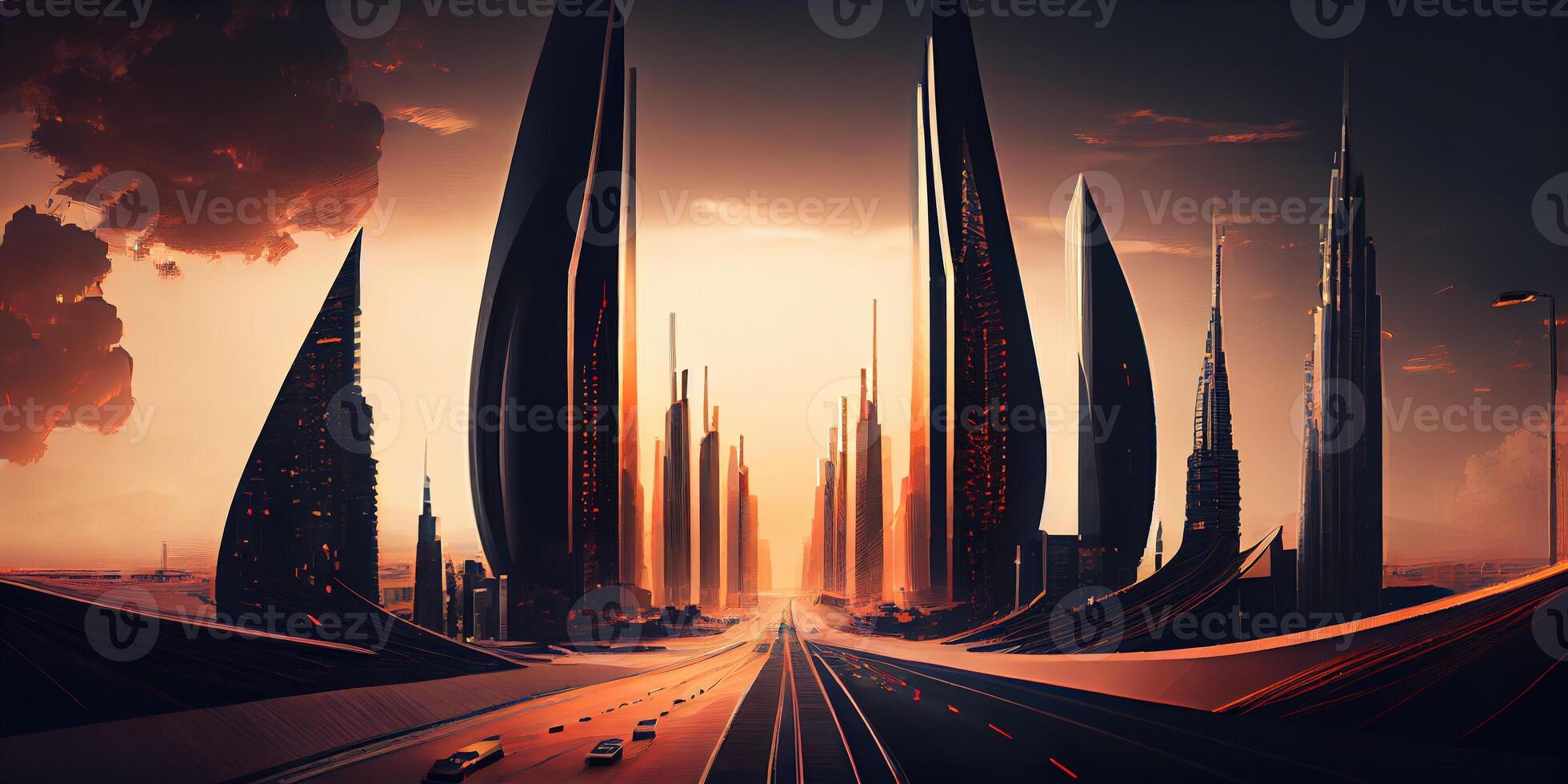 illustration of fantasy futuristic city with highways and skyscrapers, cyber city photo