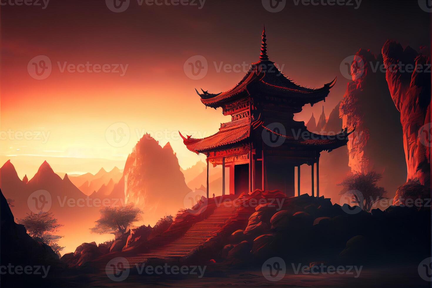 illustration of Fantasy background with mysterious ancient Chinese temple in mountains. Digital artwork. Chinese style. Gaming and art concept. photo