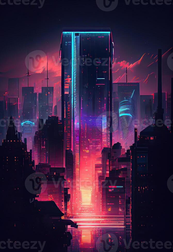 illustration of vibrant and nostalgic futuristic cityscape with detailed neon lights and reflections, a towering skyscraper in the center, neon dreams, a futuristic cityscape photo
