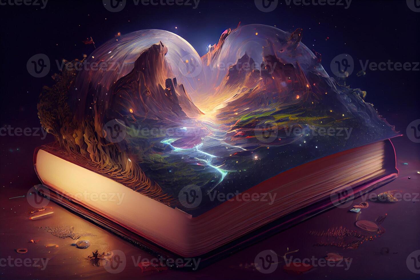 illustration of book of knowledge, universe, fantasy epic atmosphere, beautiful visual effects. Knowledge open new world. photo