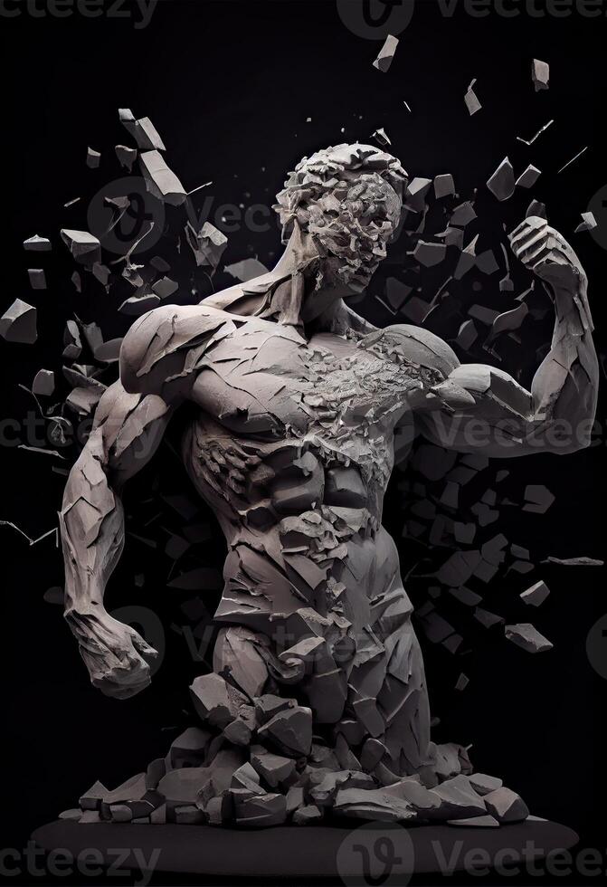 illustration of realistic stone man sculpture broken and pieces in black background. Motivation and surpassing yourself concept photo