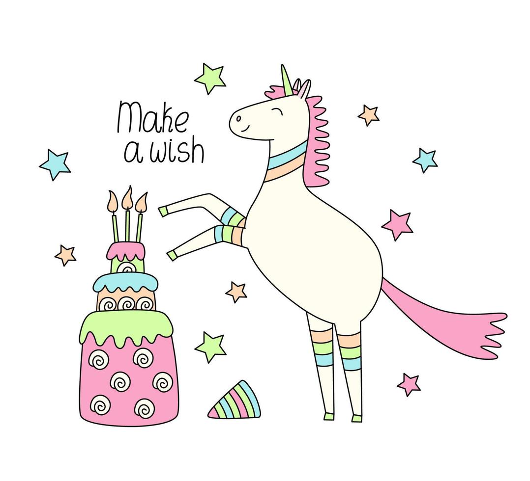 Greeting card with a cute unicorn and a cake with candles. Hand drawn colorful vector illustration and make a wish lettering. Fairy animal. Doodle style.