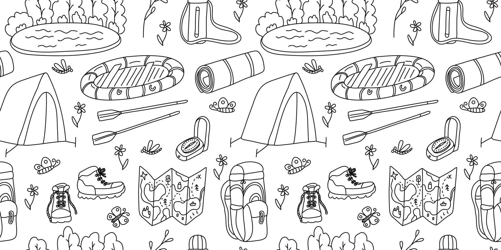 Vector seamless pattern. Lake, boat, tourism and camping equipment on white background. Great for fabrics, wrapping papers, wallpapers, covers. Doodle hand drawn sketch illustration black outlines.