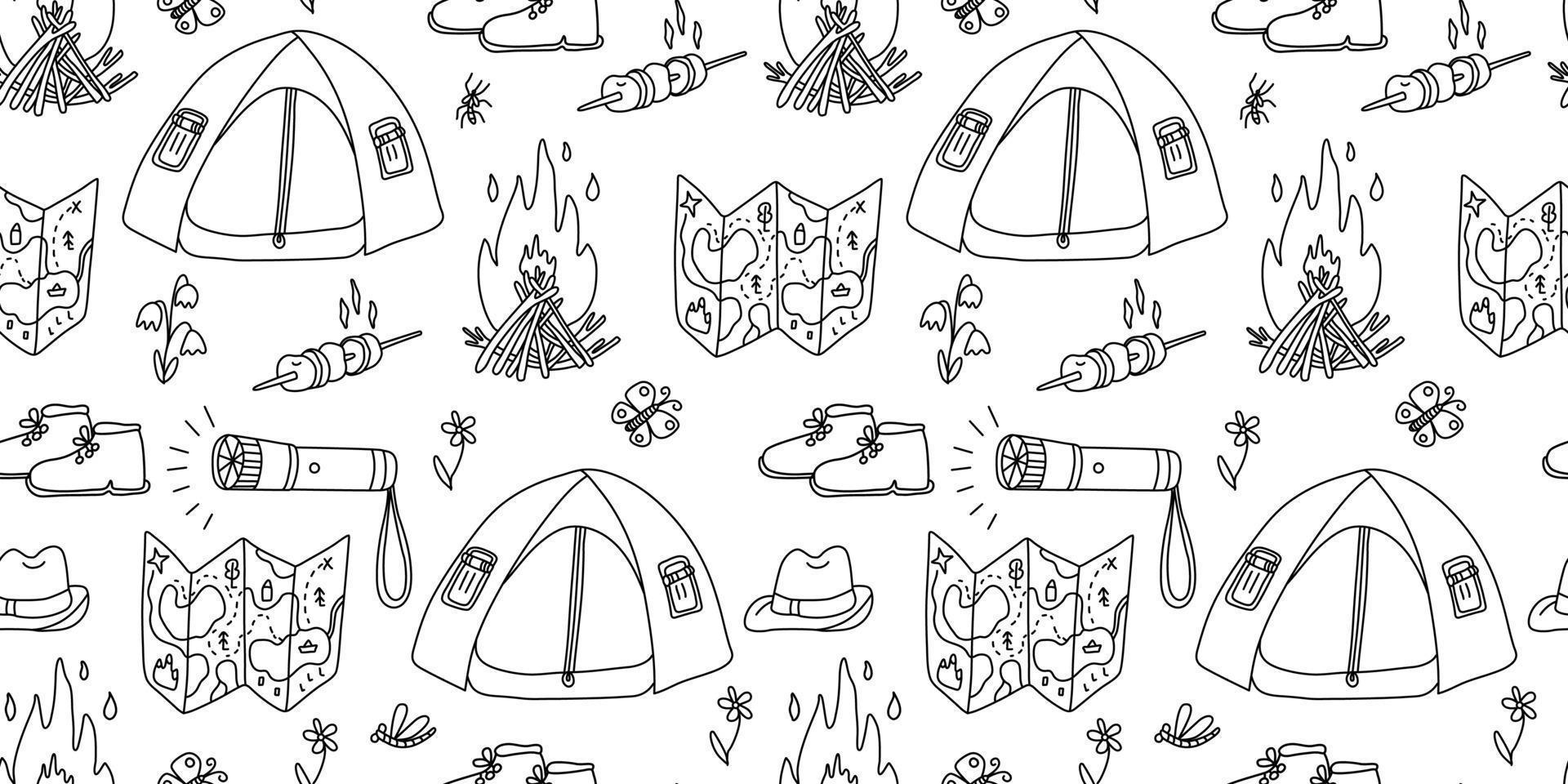 Vector seamless pattern. Tent, map, bonfire and other camp things on white background. Great for fabrics, wrapping papers, wallpapers, covers. Doodle hand drawn sketch illustration black outlines