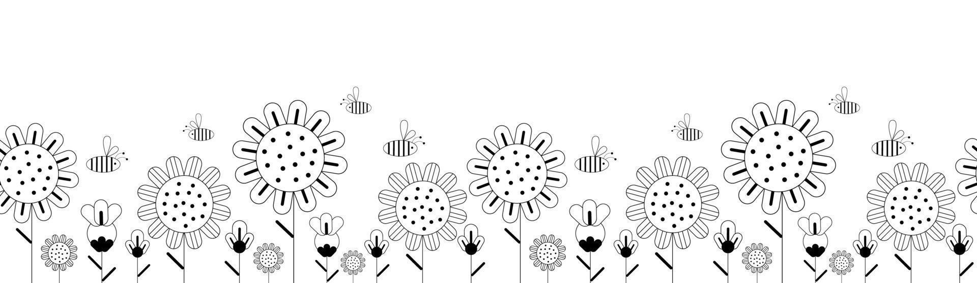 Graphic black flowers and bees vector seamless long background or banner isolated on white background.