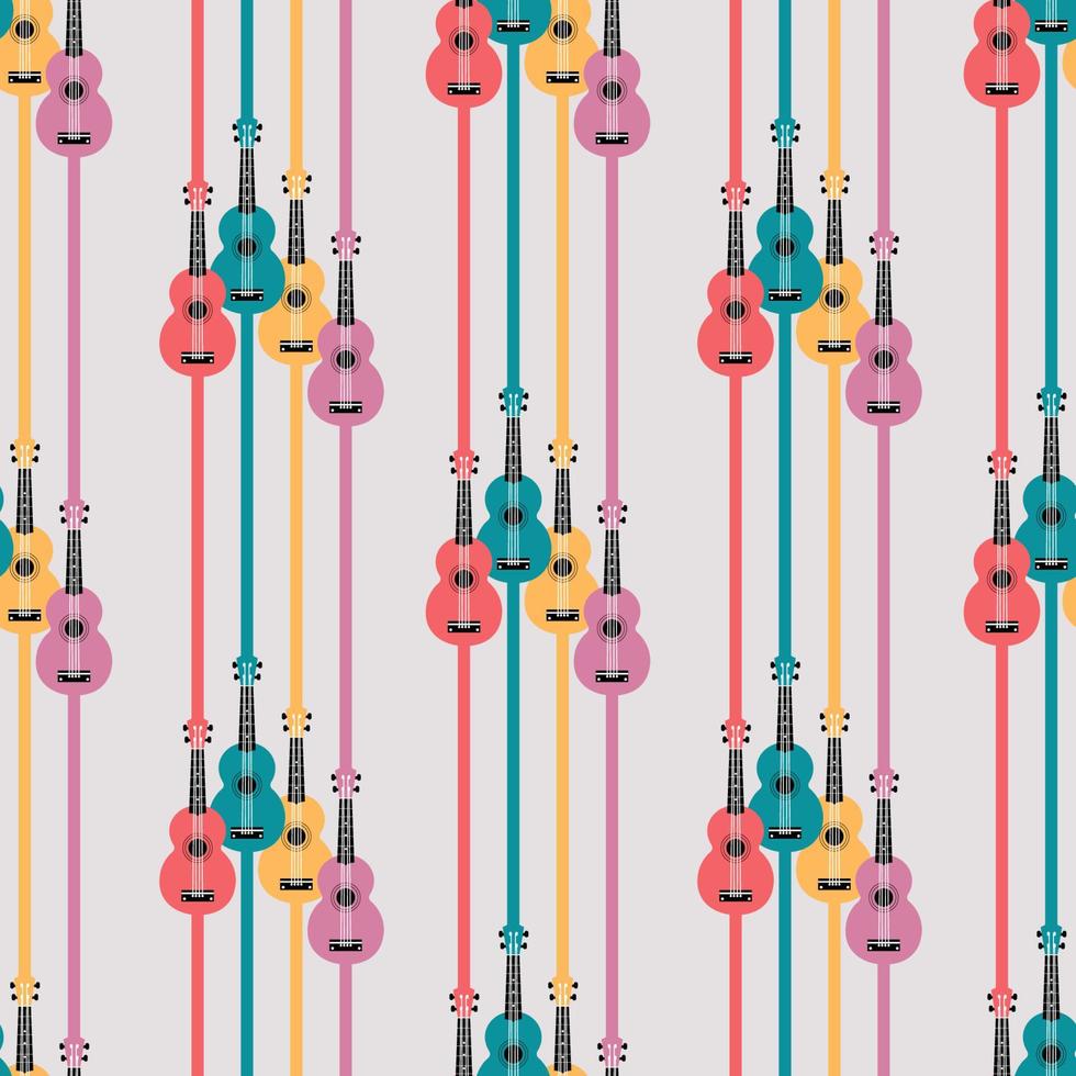 Vector seamless pattern of colorful, bright ukuleles, guitars with stripes.
