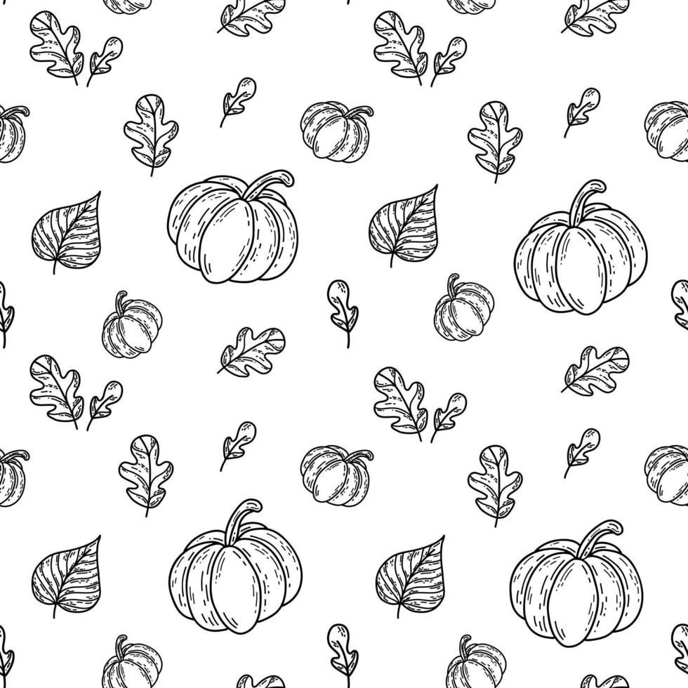 Pumpkins and leaves. Doodle seamless pattern. Hand drawn black and white line design. vector