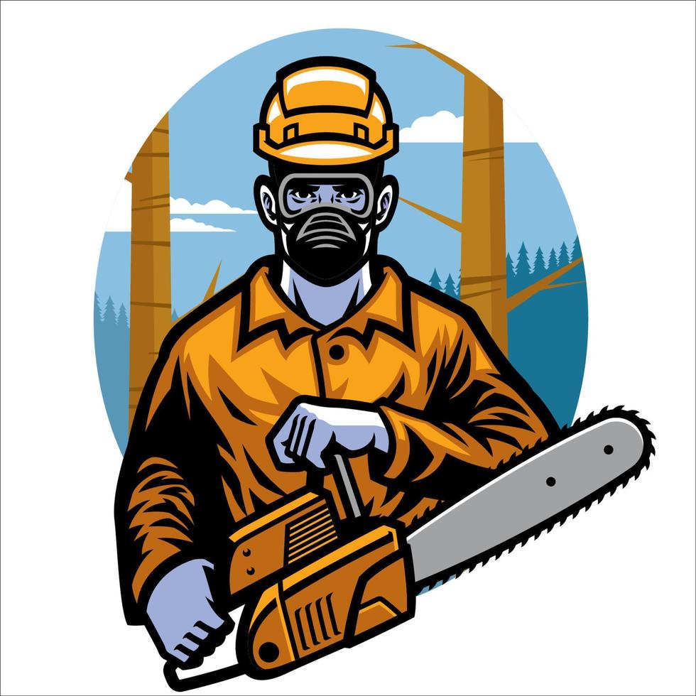 logging worker holding chainsaw vector