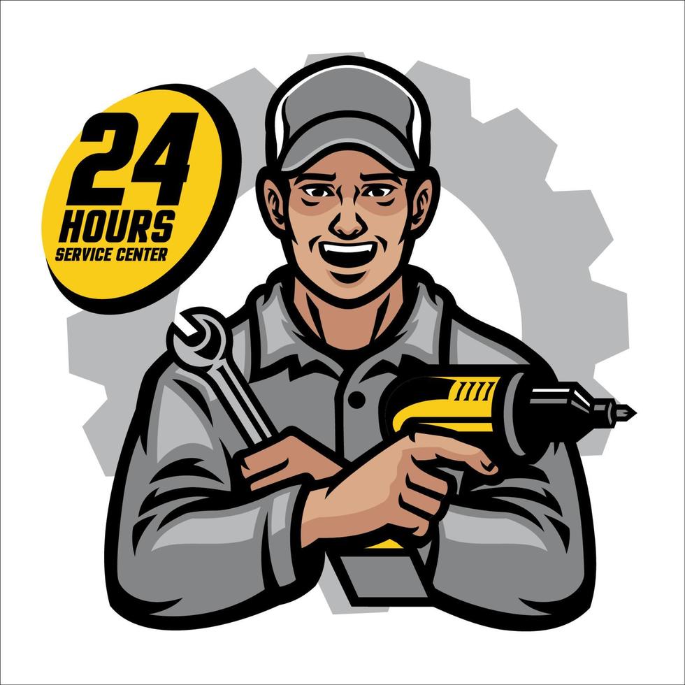 repair worker smiling holding the wrench and drill vector