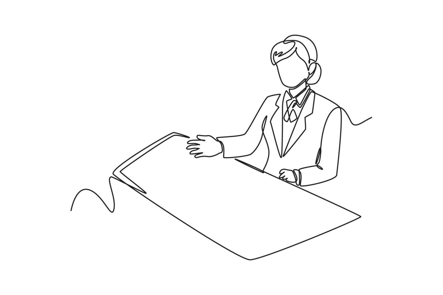Single one line drawing bank teller on desk. Bank concept. Continuous line draw design graphic vector illustration.