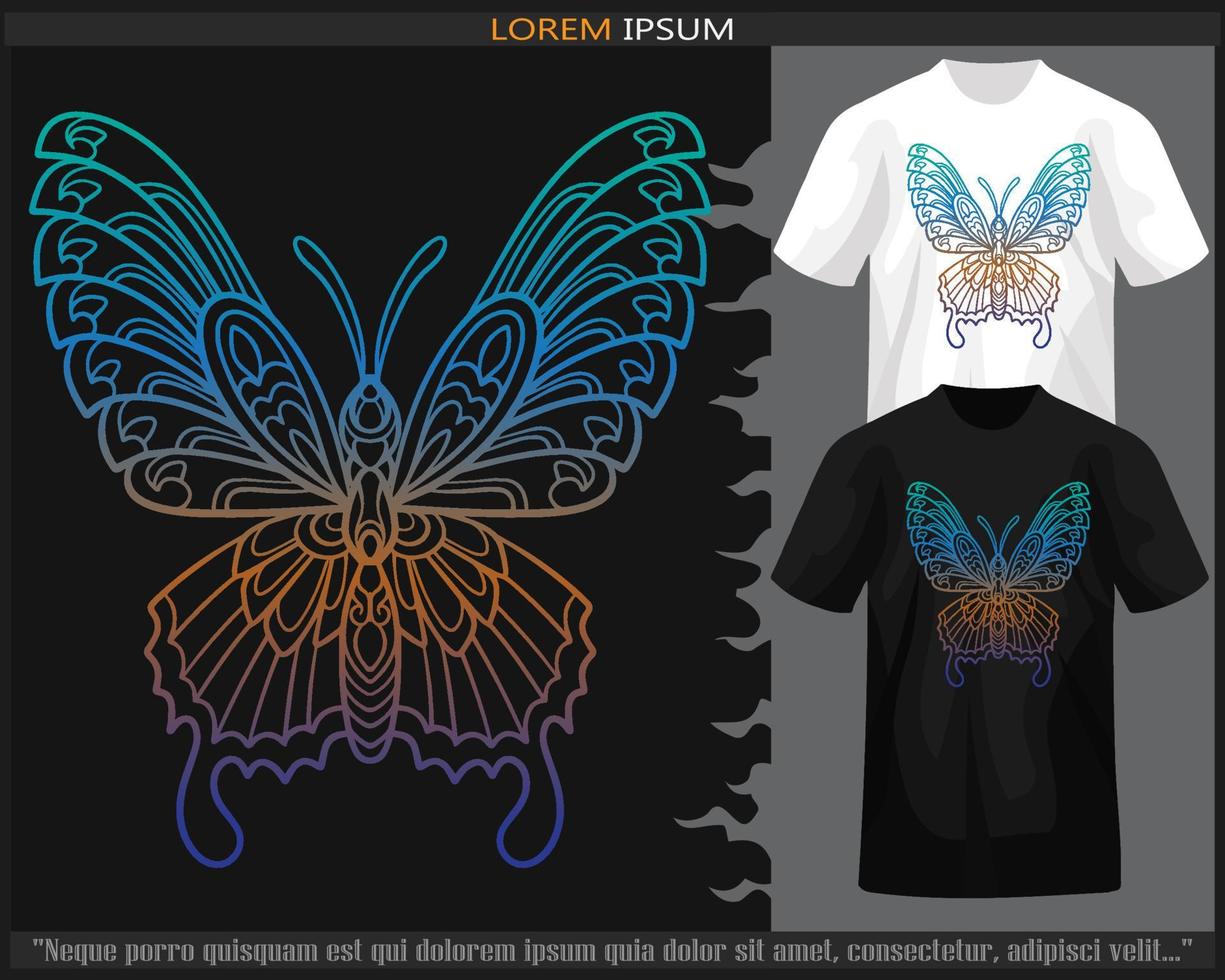 gradient Colorful butterfly mandala arts isolated on black and white t shirt. vector