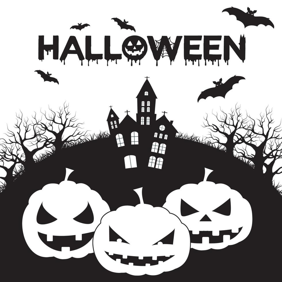 Halloween with scary black and white nuances, a haunted house, a dry tree bat, and a pumpkin monster vector