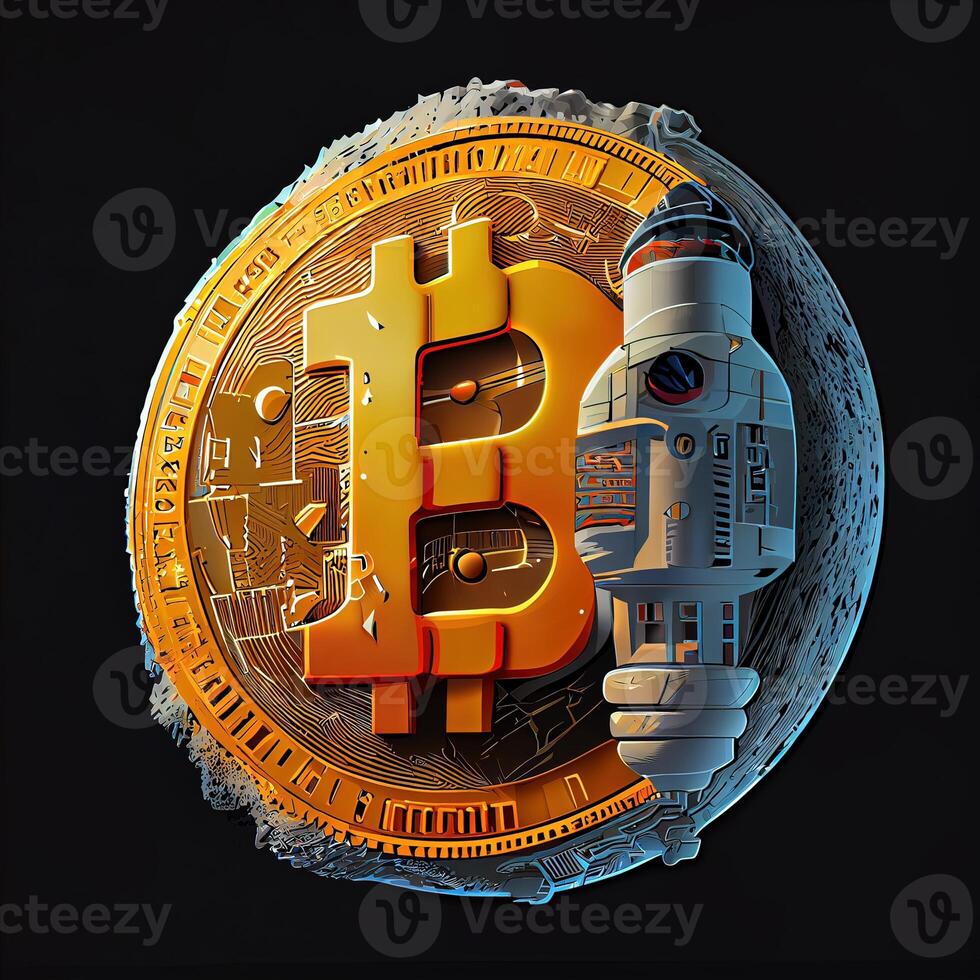 generativo ai ilustración de bitcoin a el luna, poco moneda logo y astronave foto