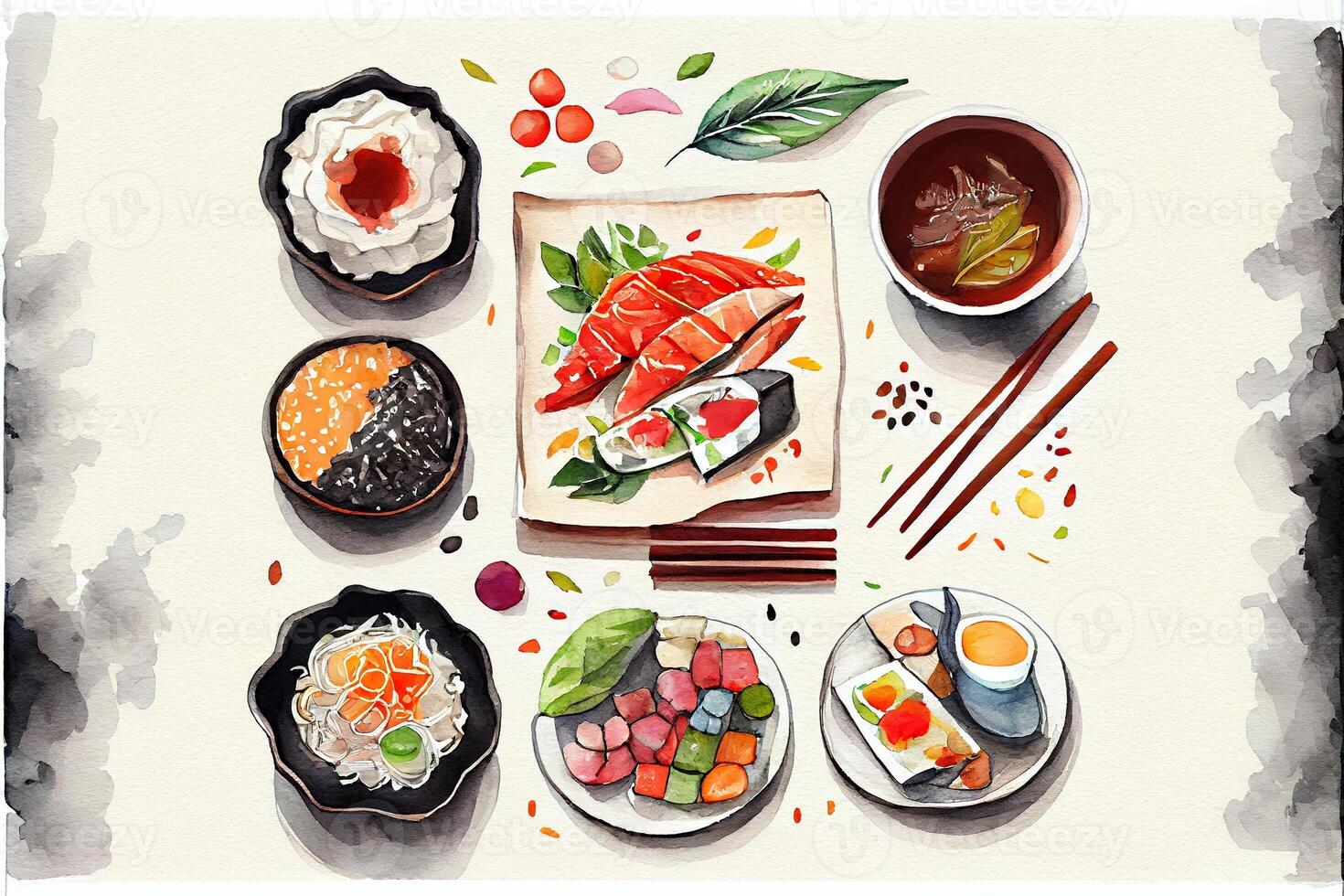 illustration of knolling japanese cuisine food, watercolor paint style, set of asian food photo