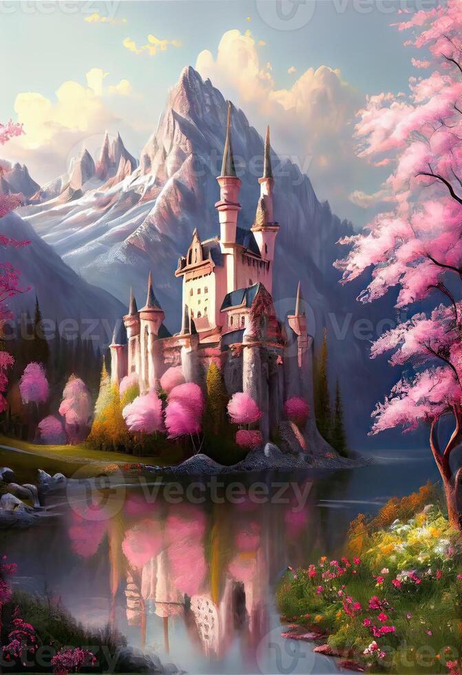 illustration of magical land of enchanted forests, castle, sparkling waterfalls and lush meadows, lake and fairy tail photo