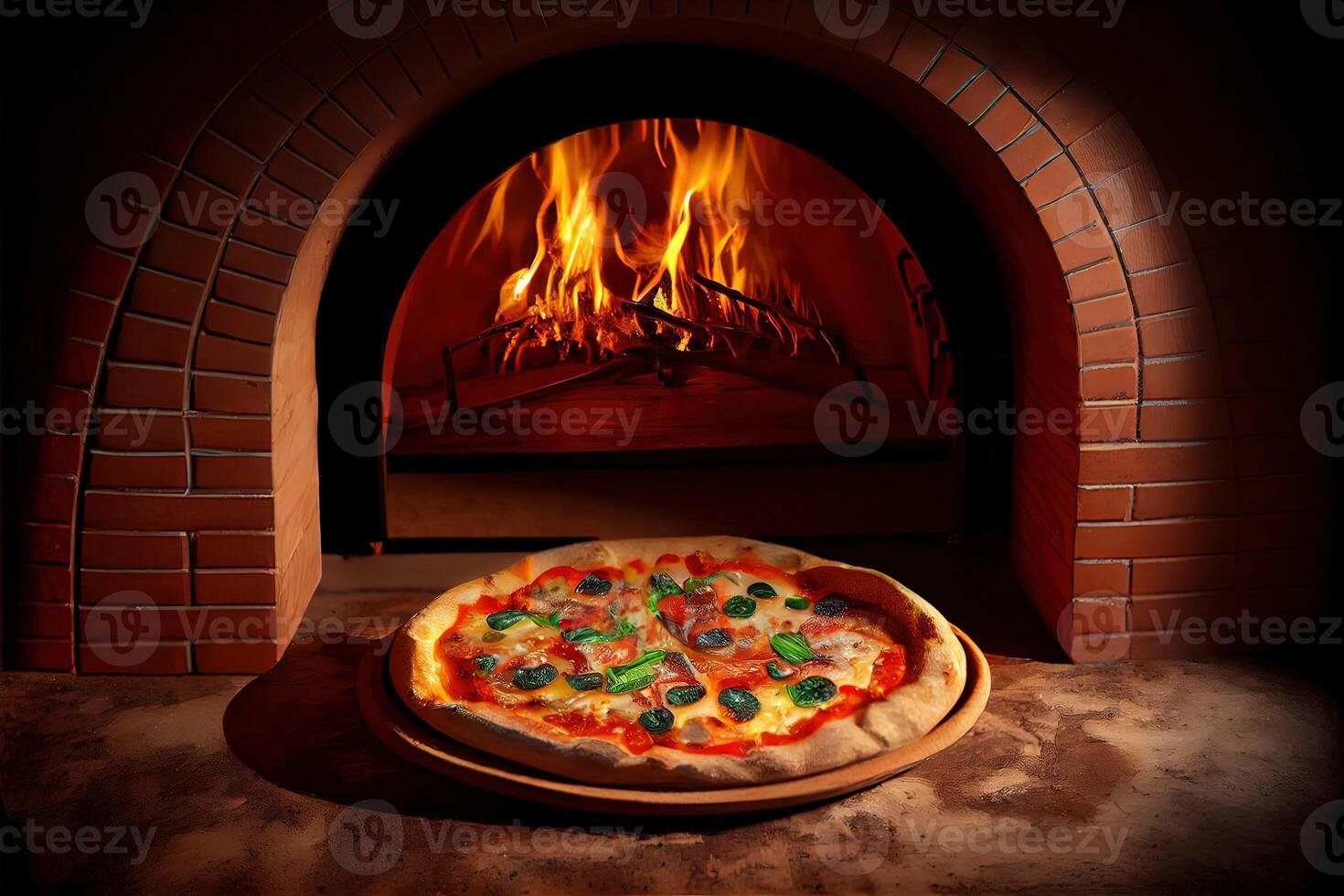 illustration of Italian pizza is cooked in a wood-fired oven. photo