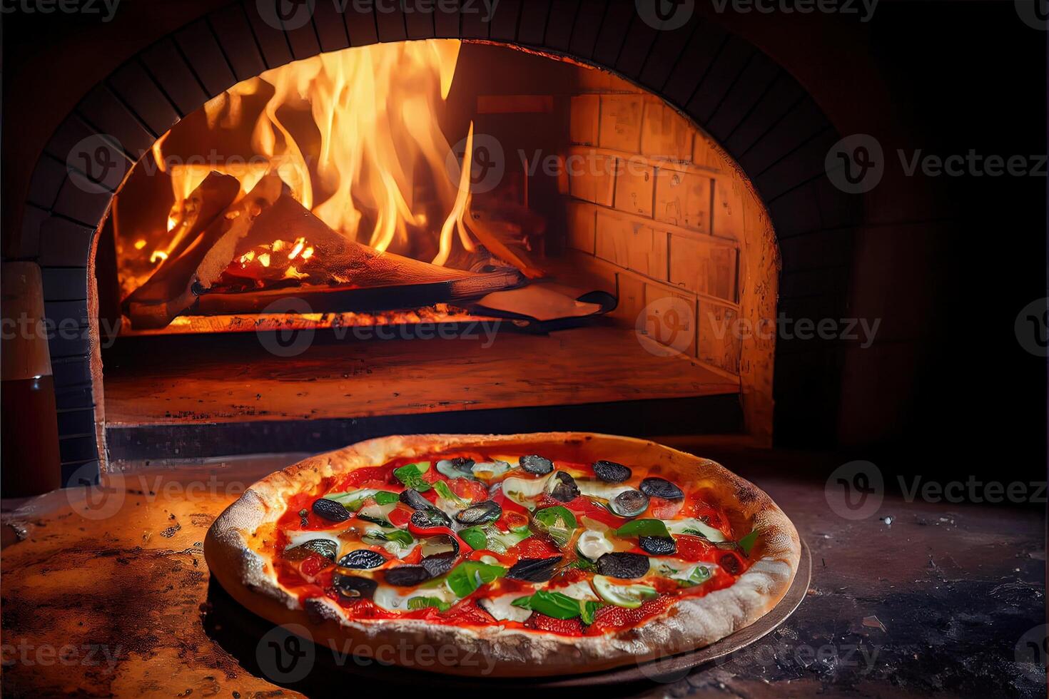 generativo ai ilustración de italiano Pizza es cocido en un a leña horno. foto
