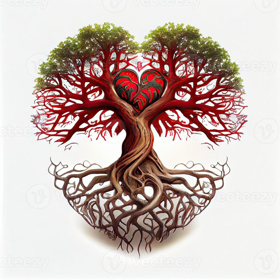 generativo ai ilustración de árbol de vida, raíces haciendo rojo corazón forma, céltico estilo, vistoso, blanco antecedentes foto