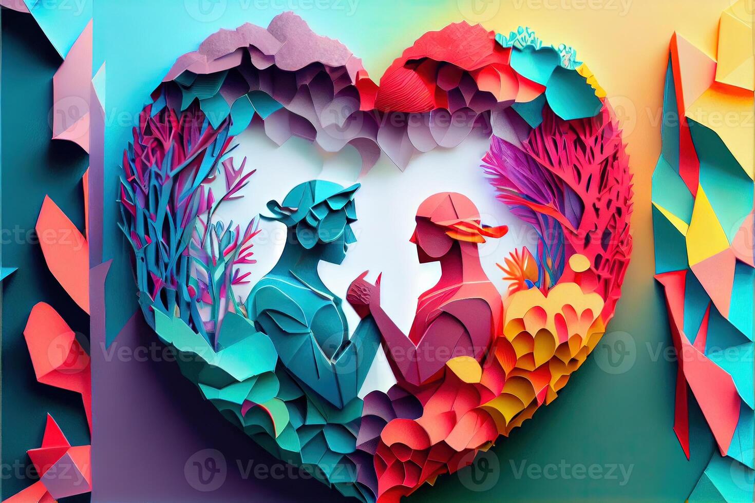 illustration of origami Valentine day background, happy couple, colorful. Paper cut craft, 3d paper style. Neural network generated art. Digitally generated image photo