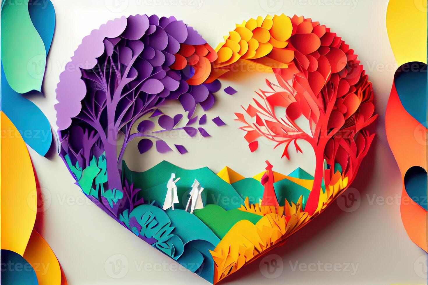 illustration of origami Valentine day background, happy couple, colorful. Paper cut craft, 3d paper style. Neural network generated art. Digitally generated image photo