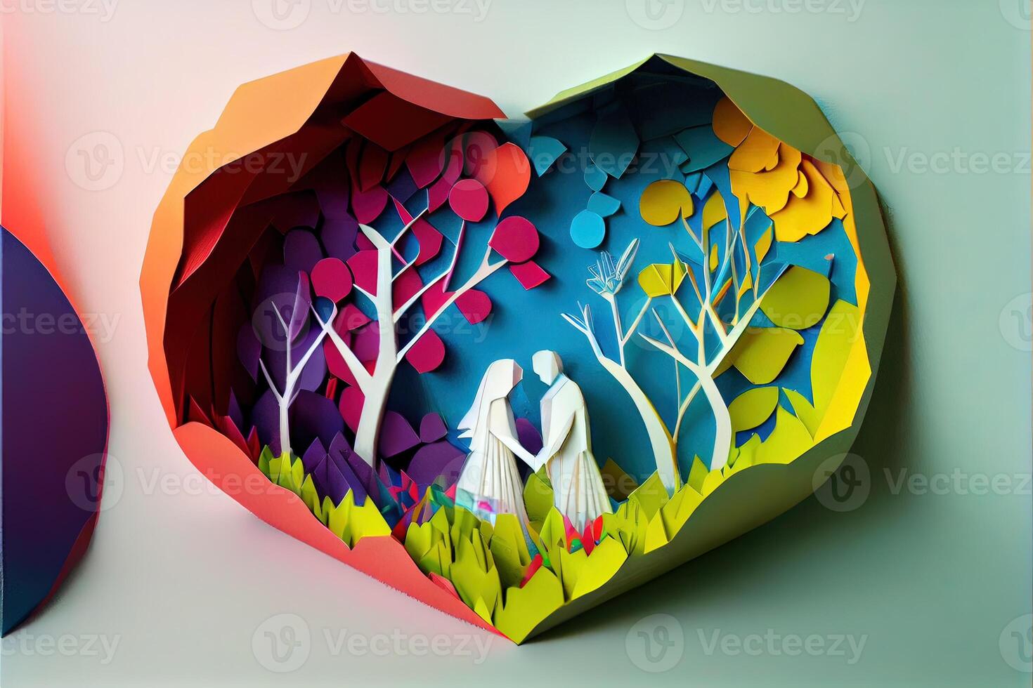 illustration of origami Valentine day background, happy couple, colorful. Paper cut craft, 3d paper style. Neural network generated art. Digitally generated image photo