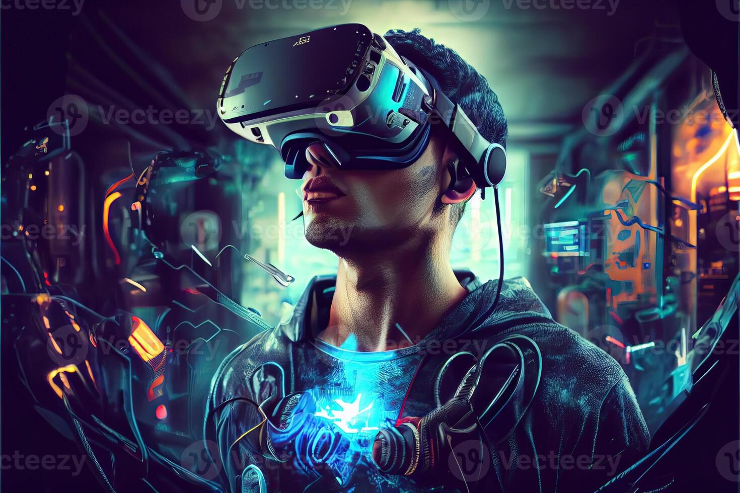 illustration of an enthusiastic young men wearing virtual reality goggles is inside the metaverse. Metaverse concept and virtual world elements. Neural network art photo