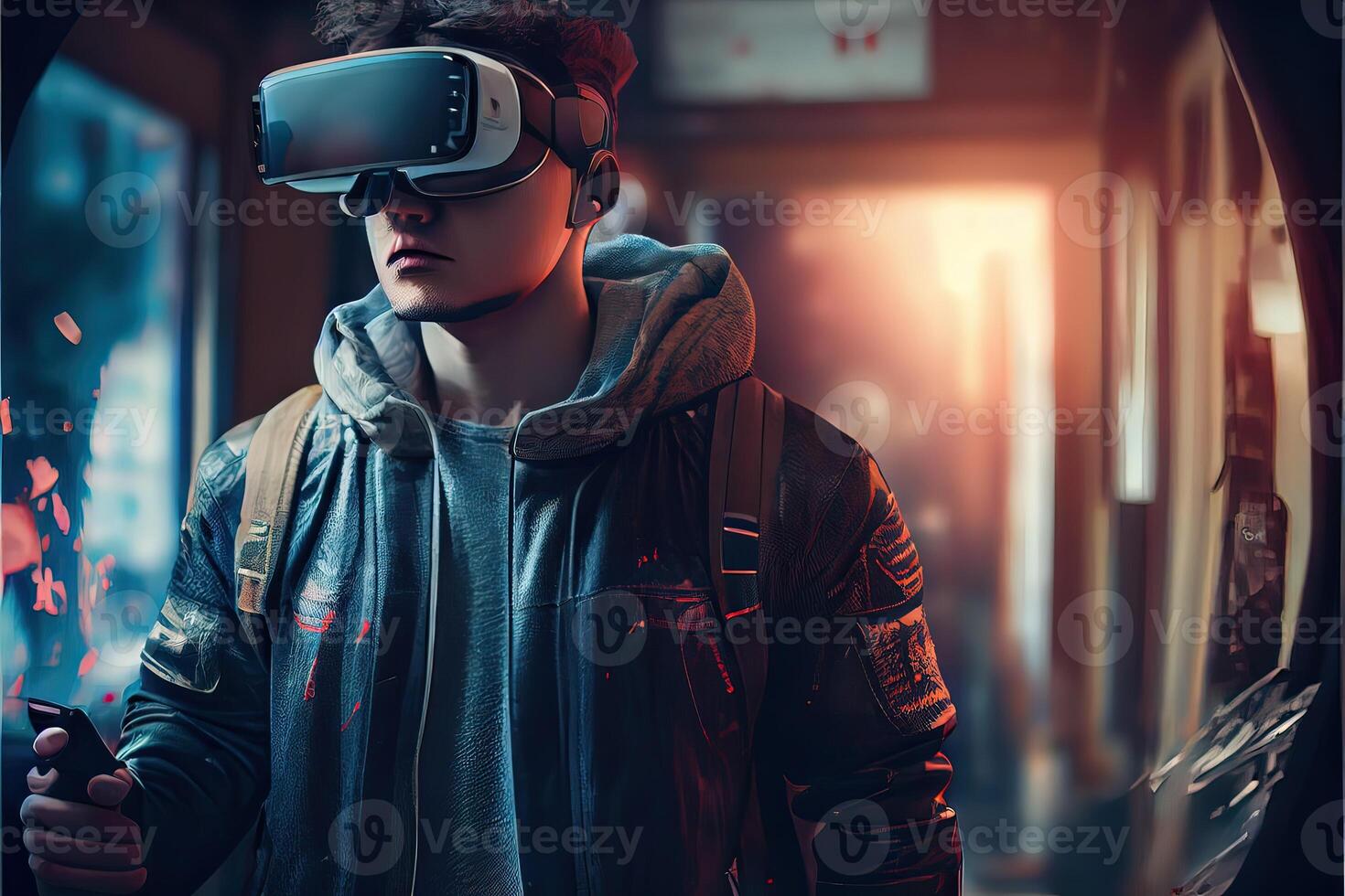 illustration of an enthusiastic young men wearing virtual reality goggles is inside the metaverse. Metaverse concept and virtual world elements. Neural network art photo
