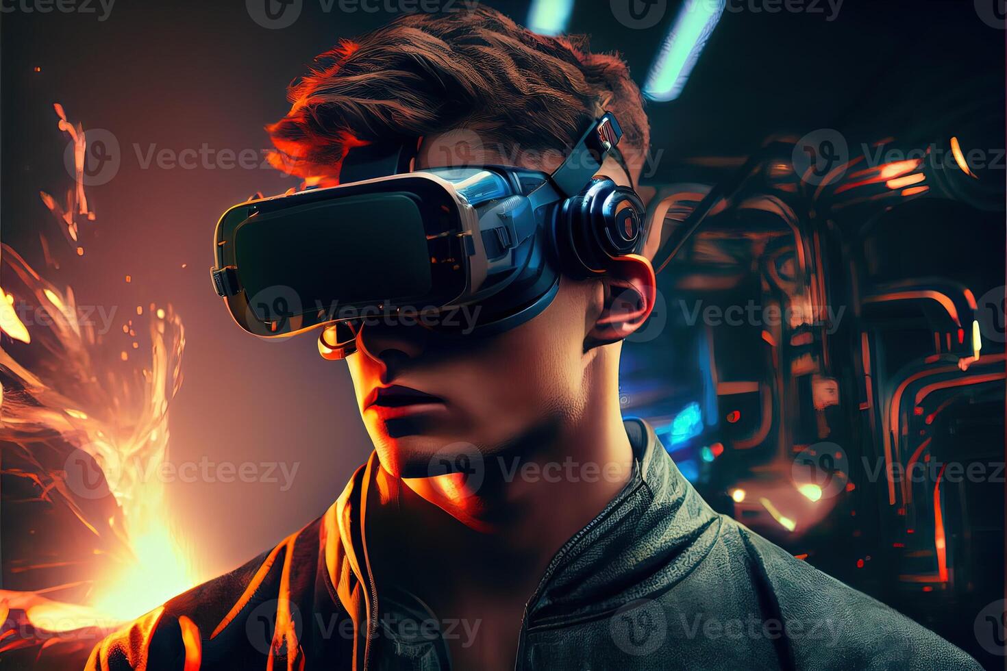 generativo ai ilustración de un entusiasta joven hombres vistiendo virtual realidad gafas de protección es dentro el metaverso. metaverso concepto y virtual mundo elementos. neural red generado ai Arte foto