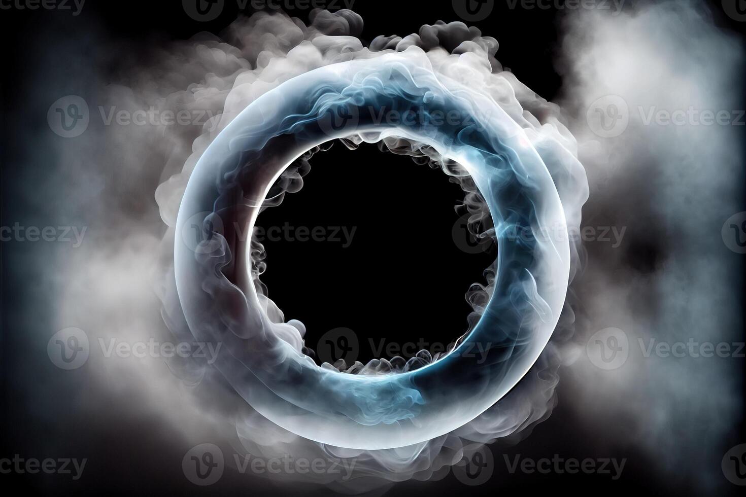 illustration of white smoke exploding outwards with empty center. Dramatic smoke or fog effect for spooky, hot lighting ring circle photo