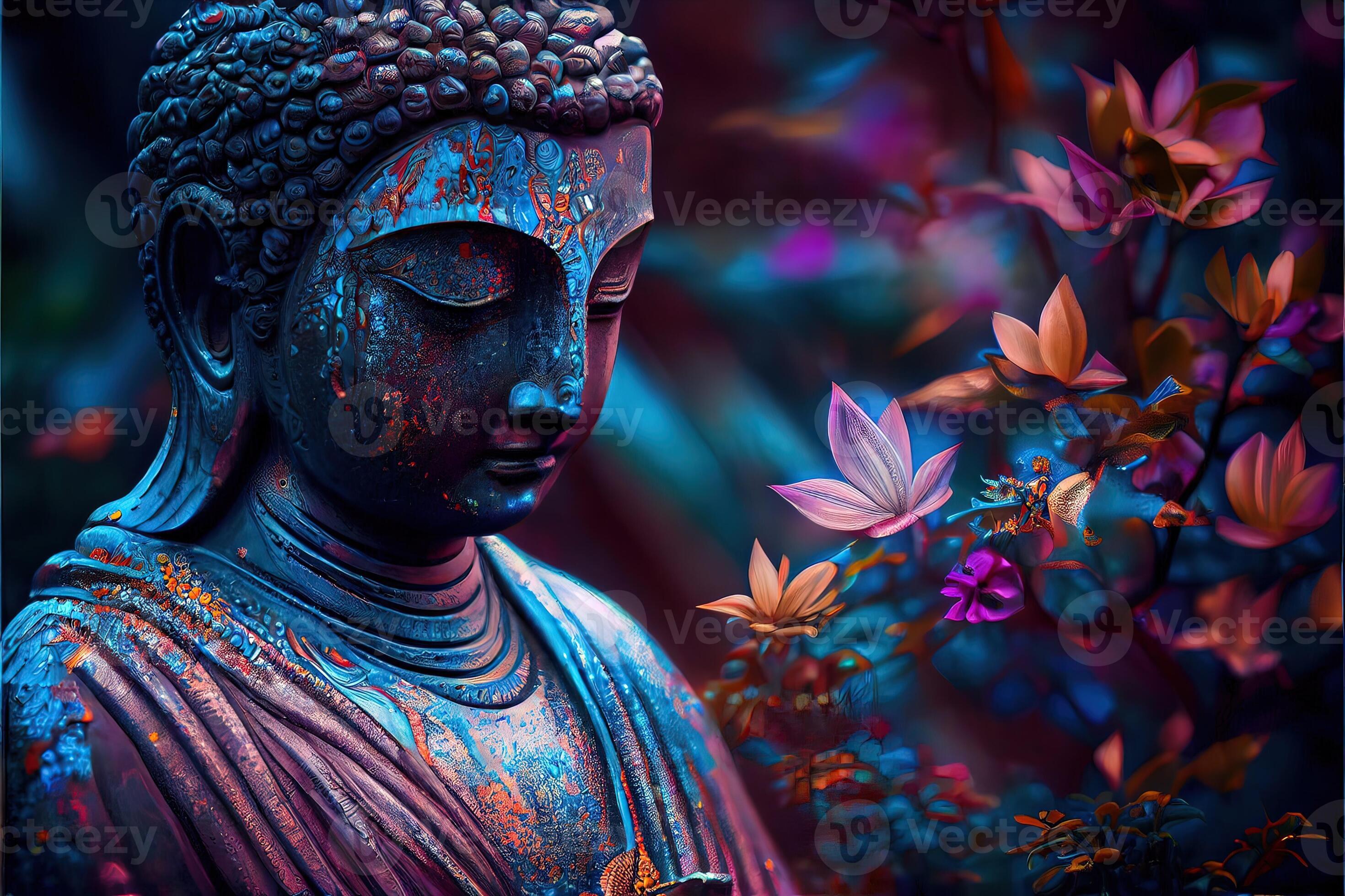 illustration of abstract lifelike buddha, flowers, magic lighting