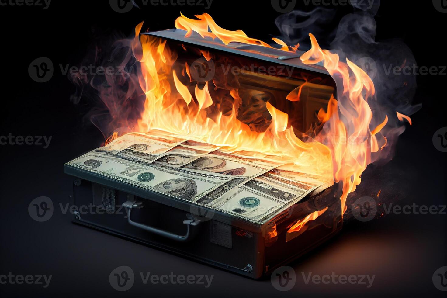 illustration of the metaphorical concept of loss and waste through the image of burning case full of money photo