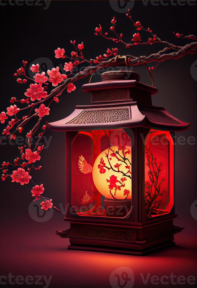 generativo ai ilustración de chino tradicional rojo festival antecedentes con un chino rojo ciruela florecer, linterna, primavera festival, nuevo año, chino tradicional cultura elemento foto