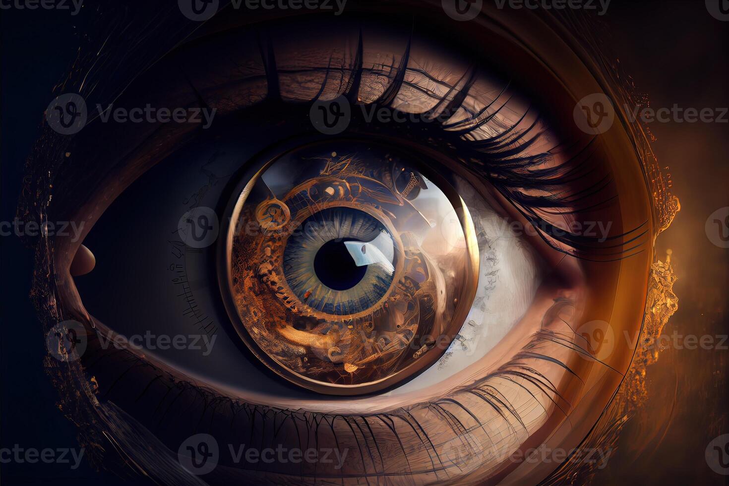 illustration of clockwork in an eye, temporal vision, close focus photo