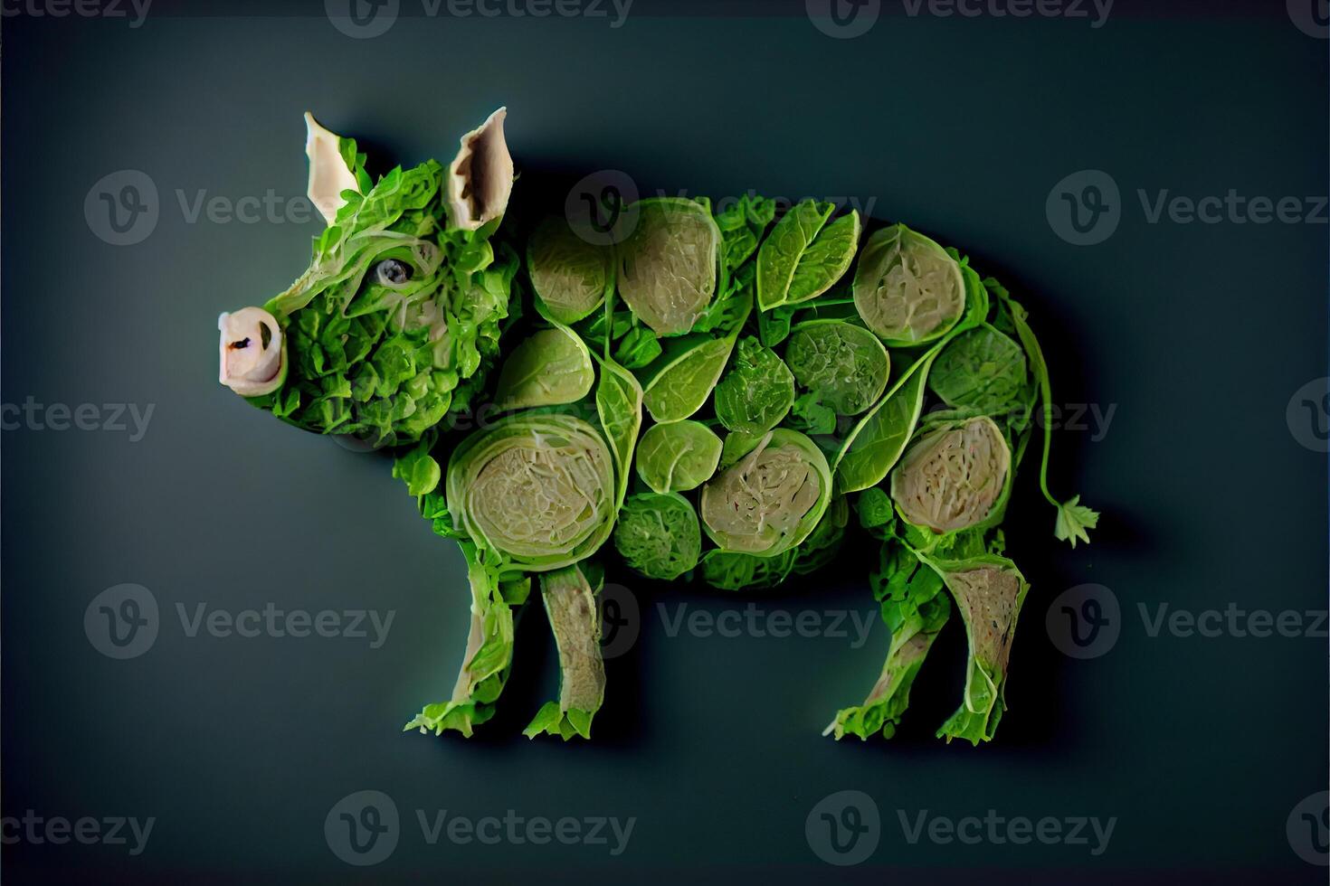 illustration of a cow made of fresh fruits and vegetables photo