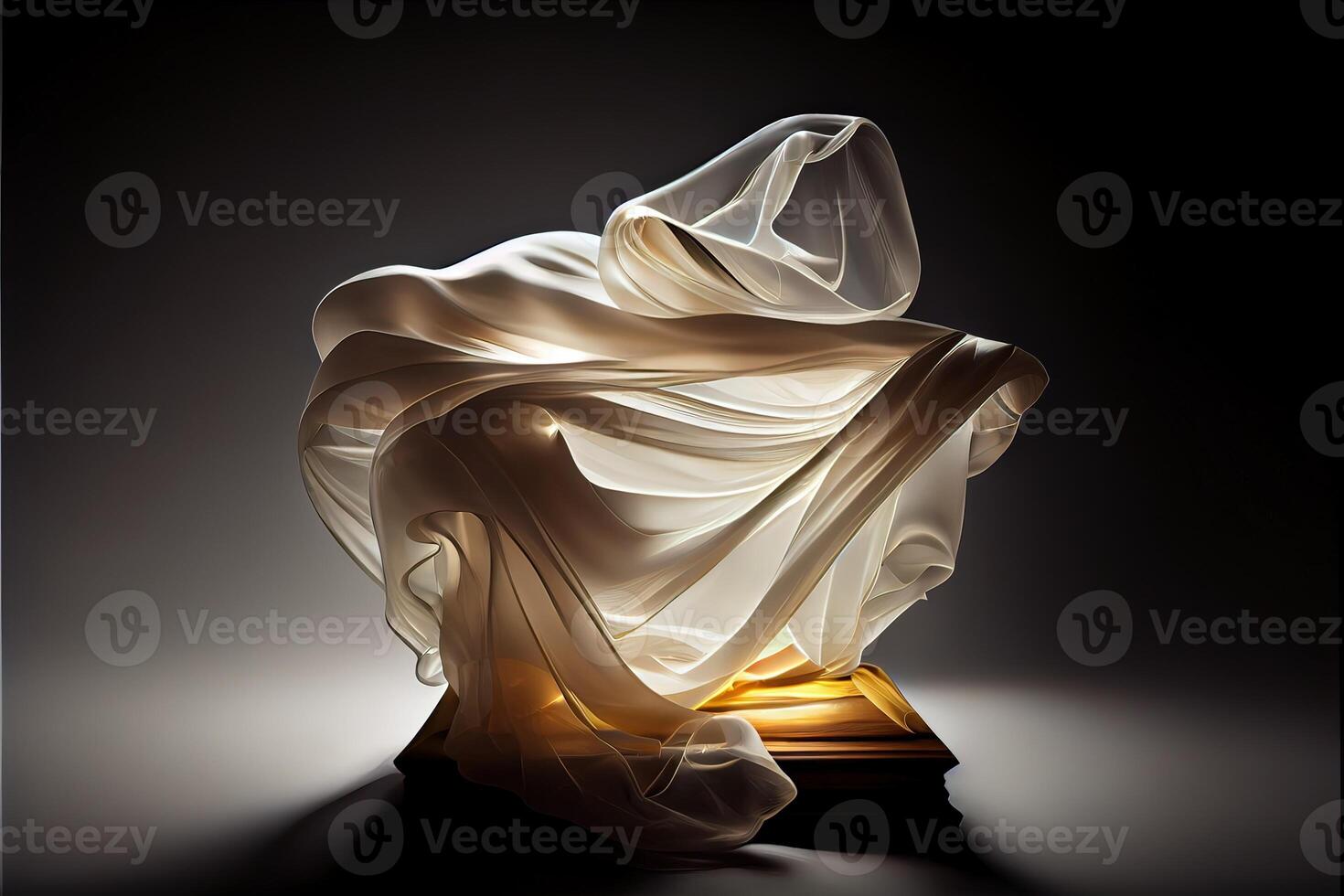 illustration of levitating moving twisting translucent cloth covering glowing objects in dark background photo