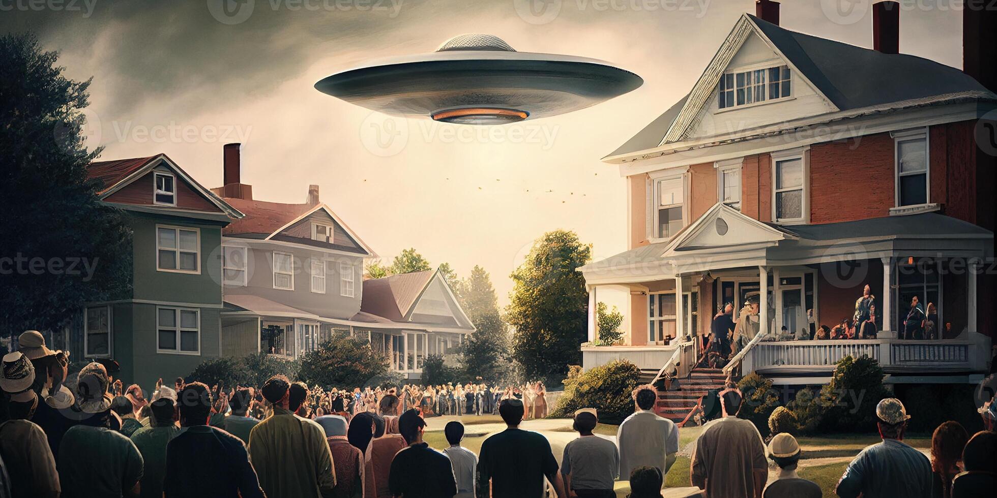 illustration of Ufo hovering above homes and a crowd of people photo