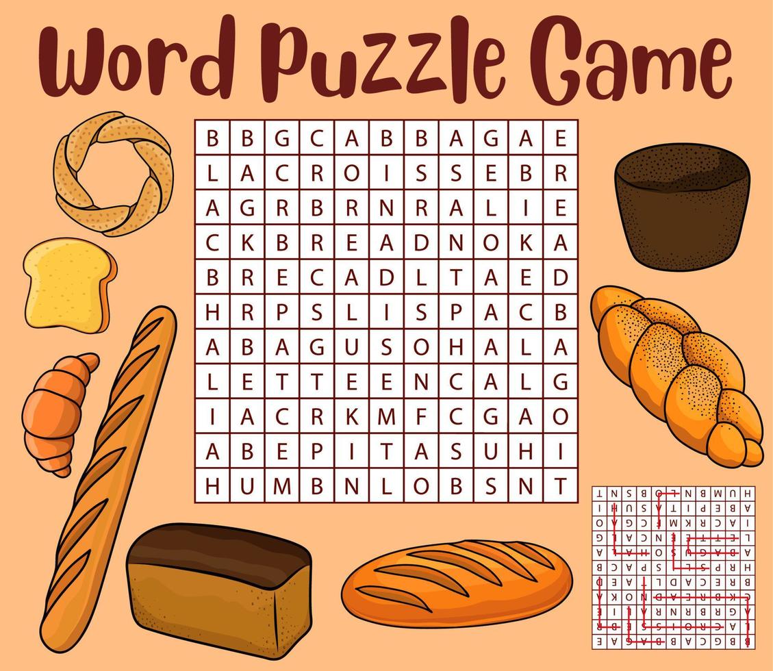 Bread, bakery food word search game worksheet vector