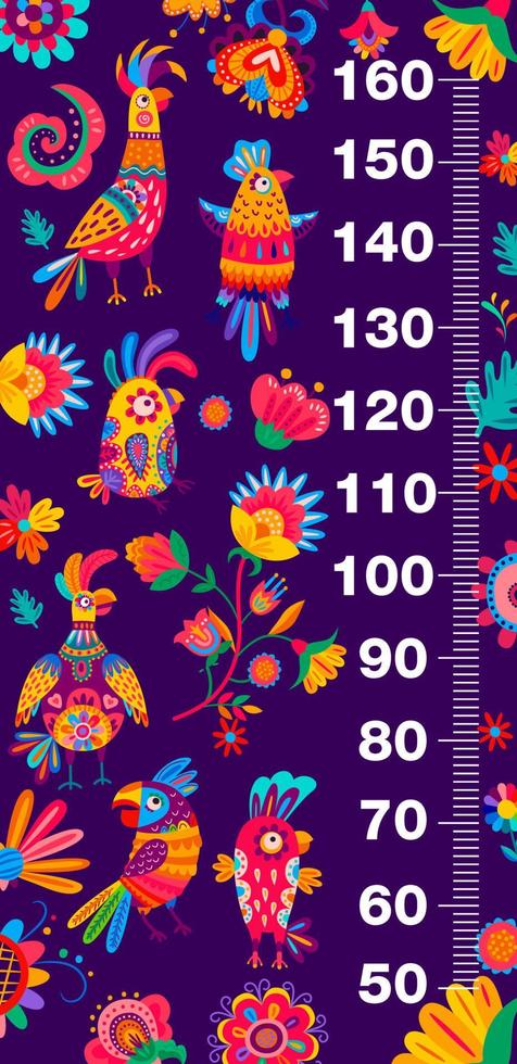 Kids height chart with Brazilian parrots, flowers vector