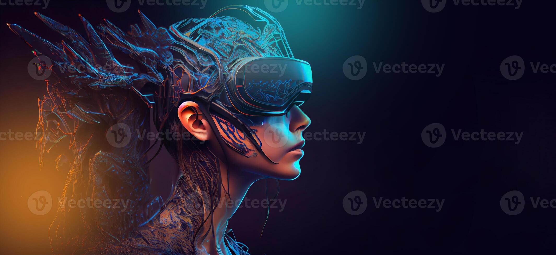 illustration of Metaverse concept and virtual world elements. Side view of human face in augmented or virtual reality headset inside the metaverse photo