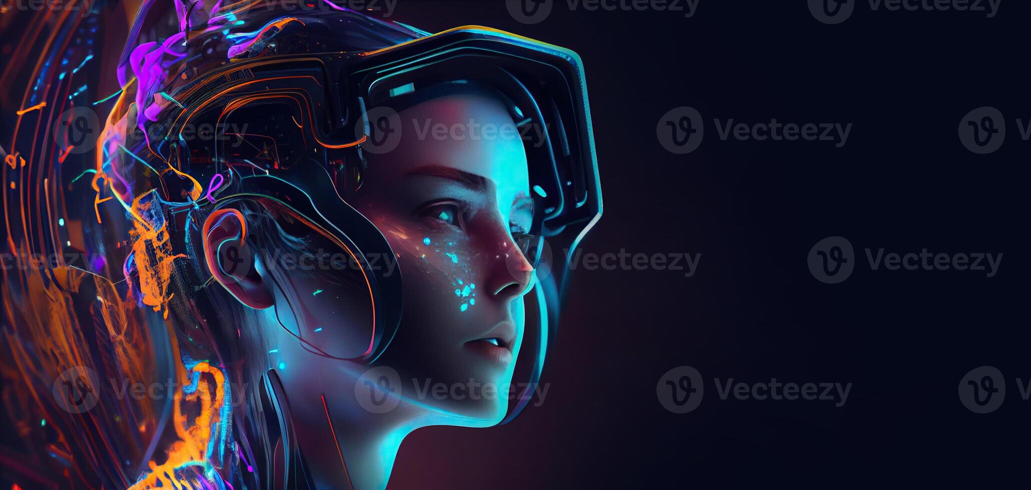 illustration of Metaverse concept and virtual world elements. Side view of human face in augmented or virtual reality headset inside the metaverse photo
