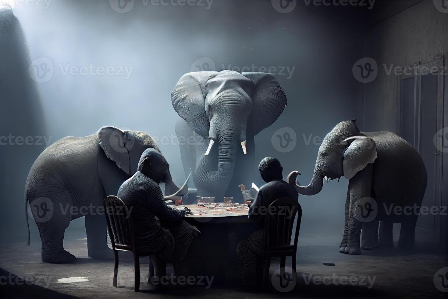 illustration of African elephants playing poker in a smoky room, the elephant poker game photo