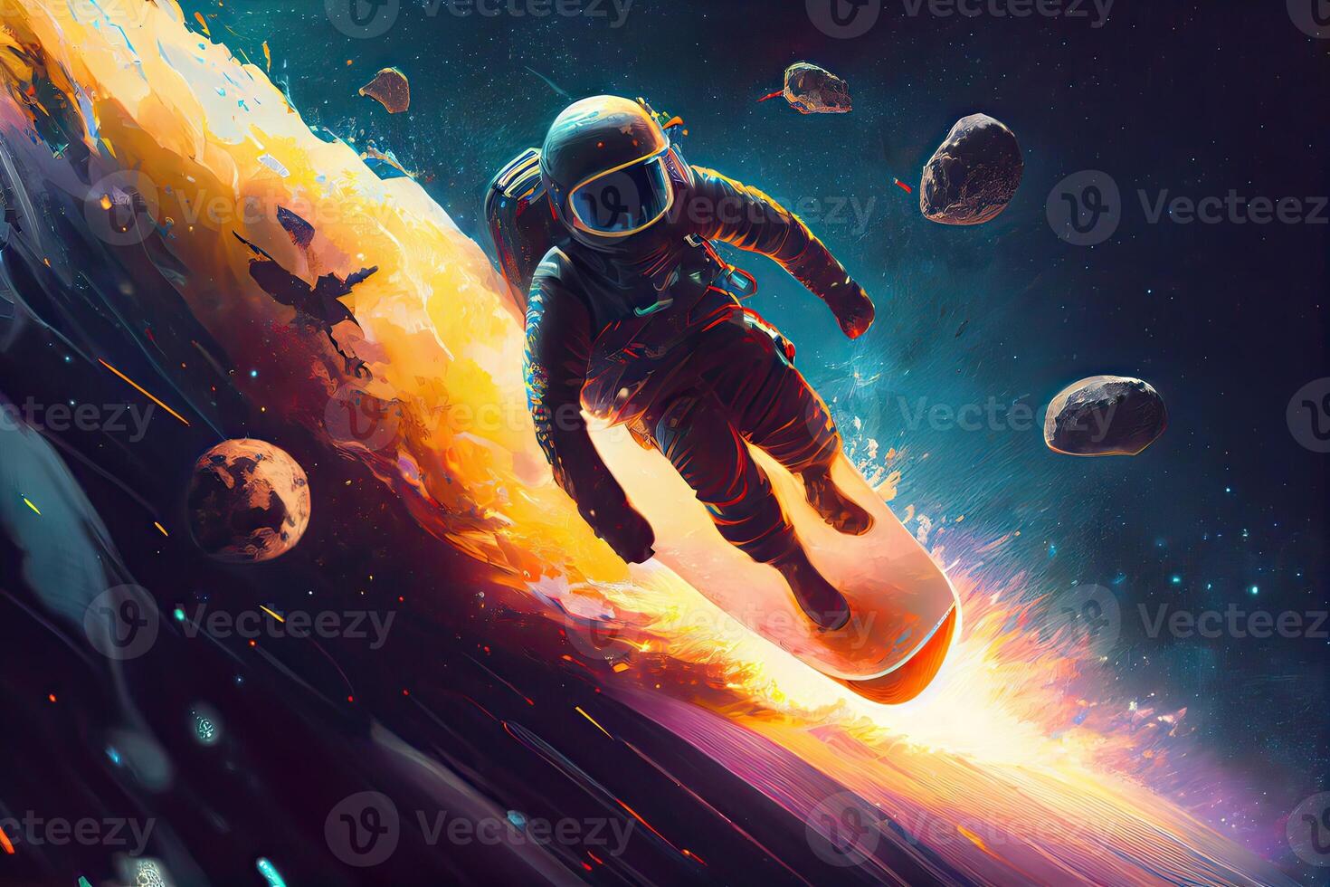 illustration of a space explorer riding a rocket-powered surfboard through an asteroid field, in a digital art style with a galactic color palette photo