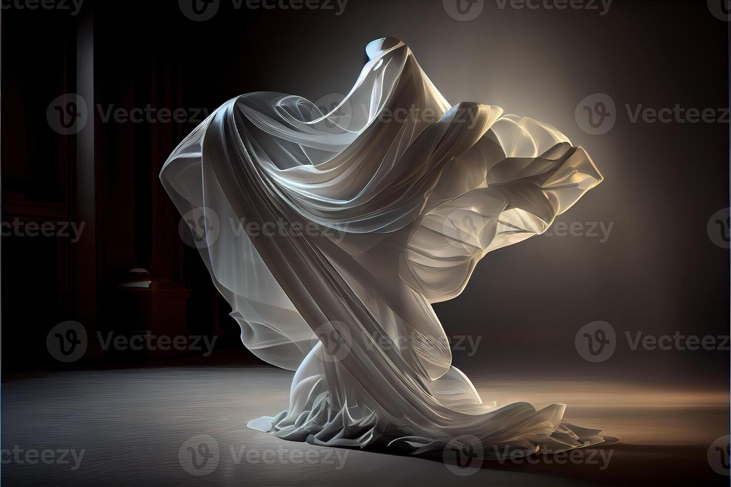 illustration of levitating moving twisting translucent cloth covering glowing objects in dark background photo