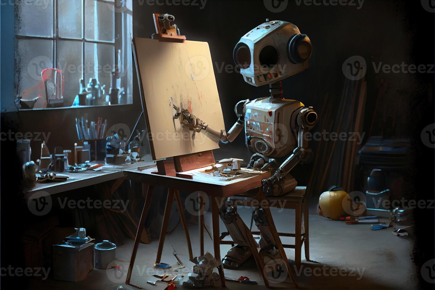 illustration of Cyborg Ai robot artist in dark studio next to his easel, painting and paints while working, neural network generated art. Digitally painting, generated image. photo