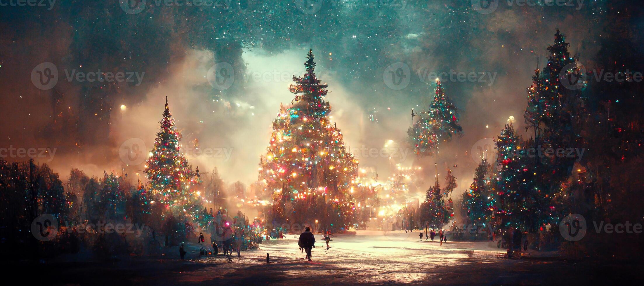 illustration of Abstract fantasy festive christmas tree background header wallpaper, winter abstract landscape. Christmas scene. Banner header. Digital art. photo