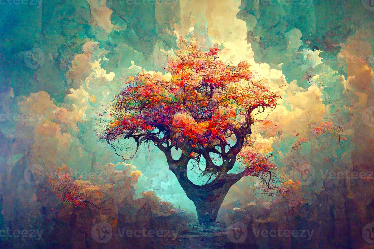 generativo ai ilustración de antiguo grande verde árbol con raíces, en seco tierra, árbol de tierra y vida, magia árbol.digital arte, naturaleza concepto. foto