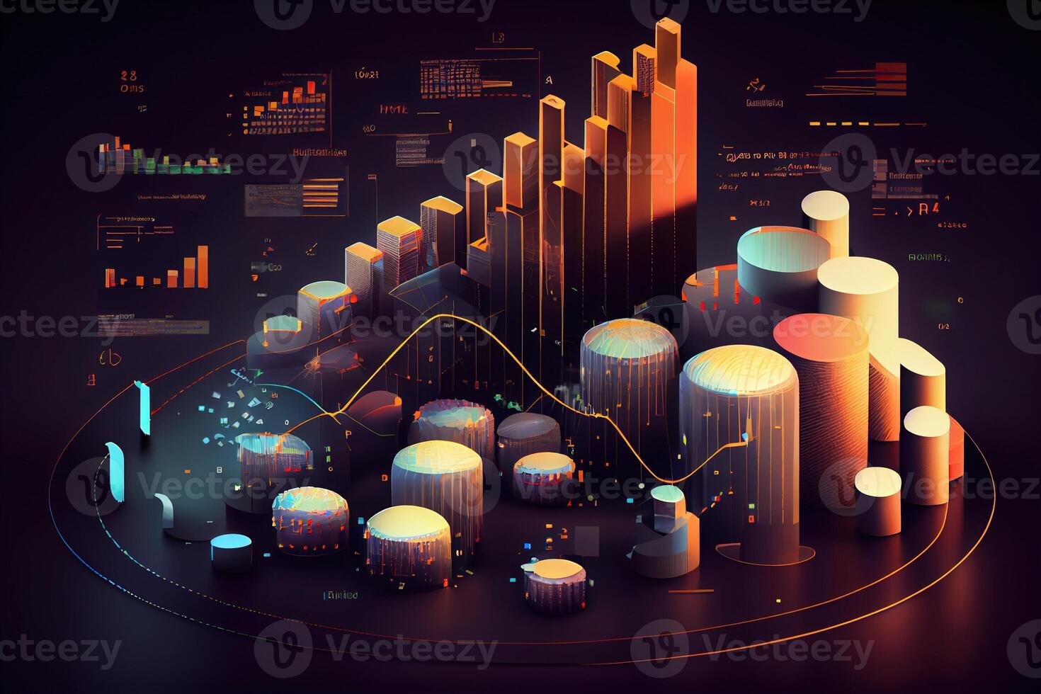 illustration of crypto market data, chart, silhouette crypto currency market, isometric, colorful gradient background photo