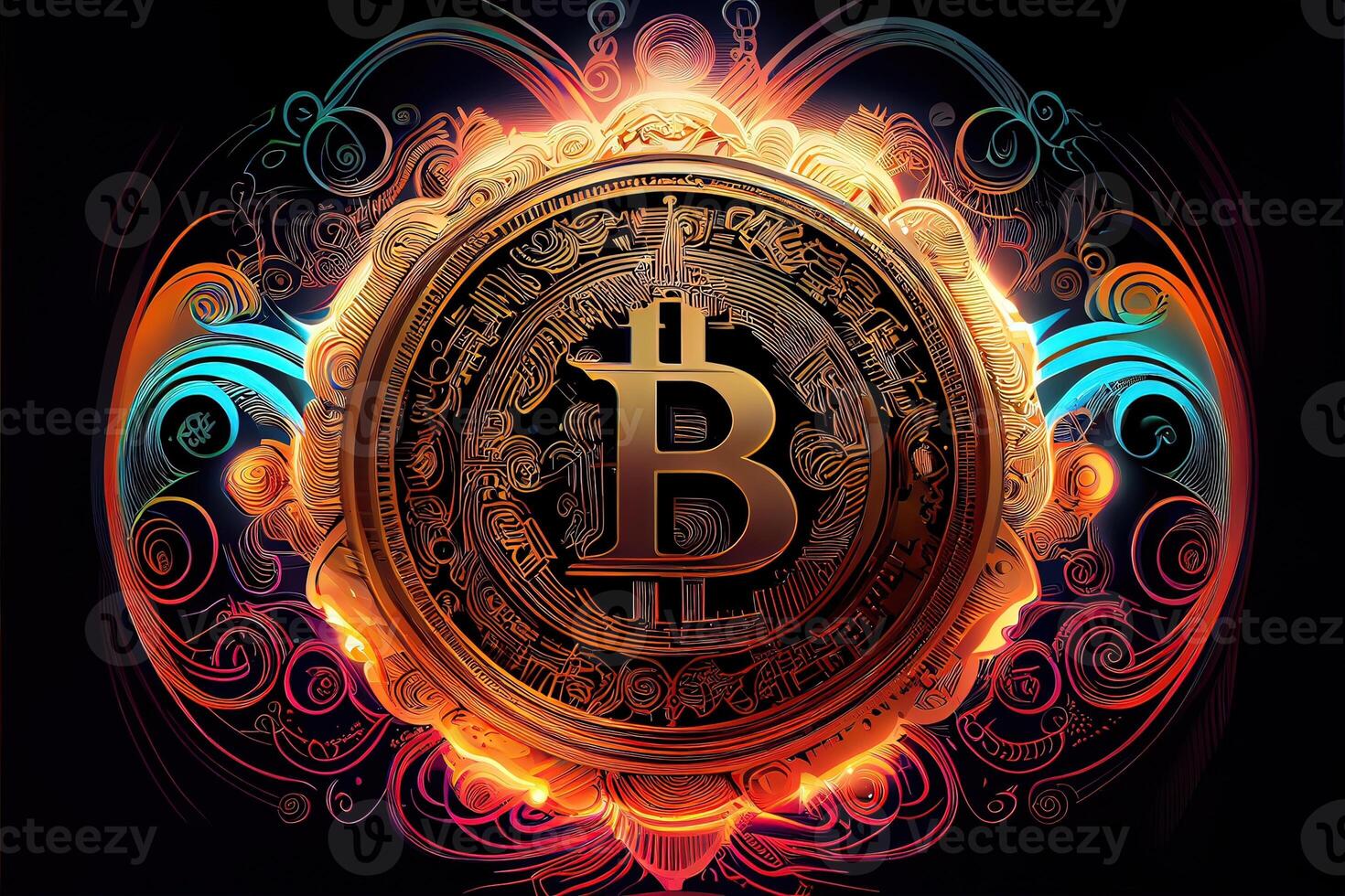illustration of bit coin bioluminescence, vibrant, dreamy, crepuscular rays, cyberpunk Bitcoin sign with a universal, high tech detail, lighting photo