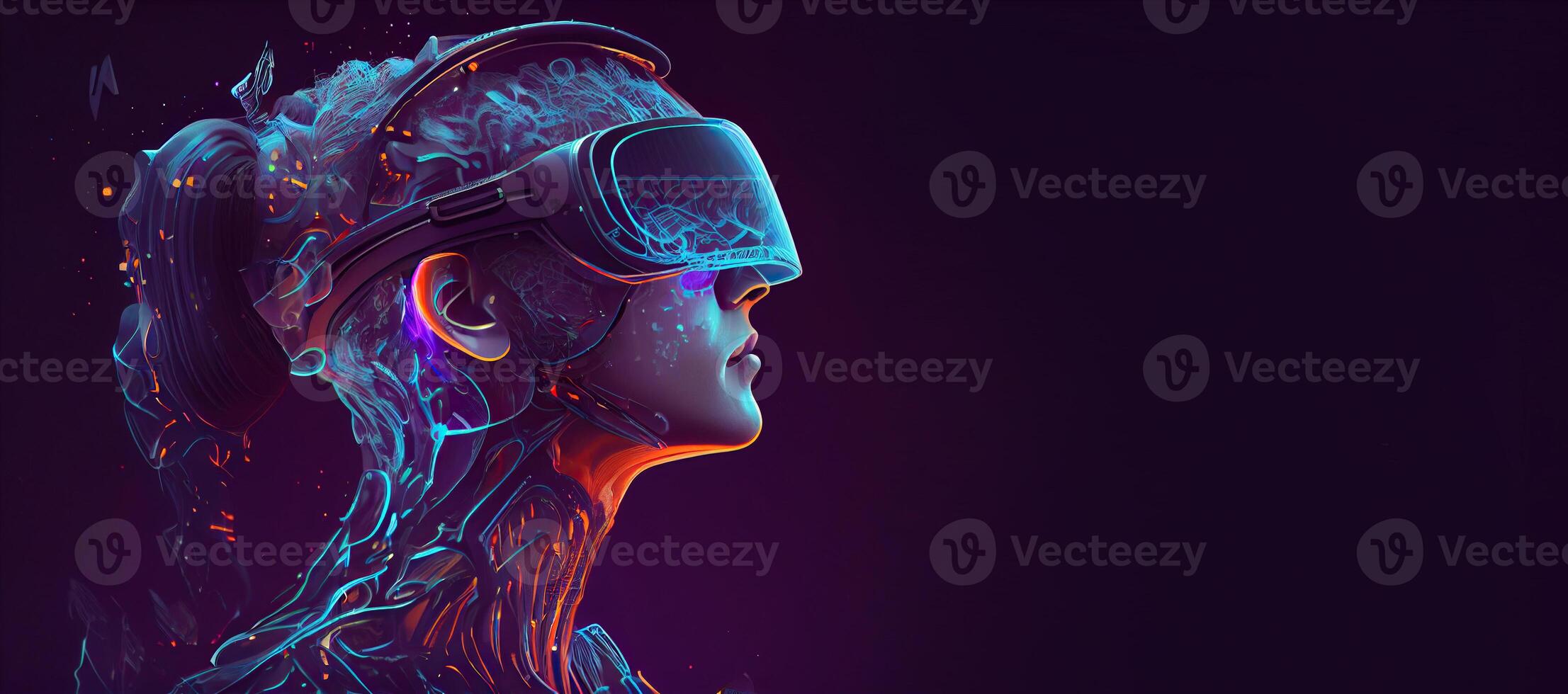 illustration of Metaverse concept and virtual world elements. Side view of human face in augmented or virtual reality headset inside the metaverse photo